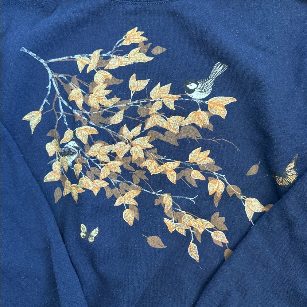 VINTAGE JERZEES Sweatshirt Birds on a Branch Navy Blue Floral Lounge Crewneck L - Picture 3 of 5
